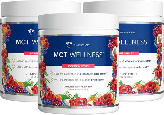 Gundry MD MCT Wellness Raspberry bottle on shelf for daily energy support