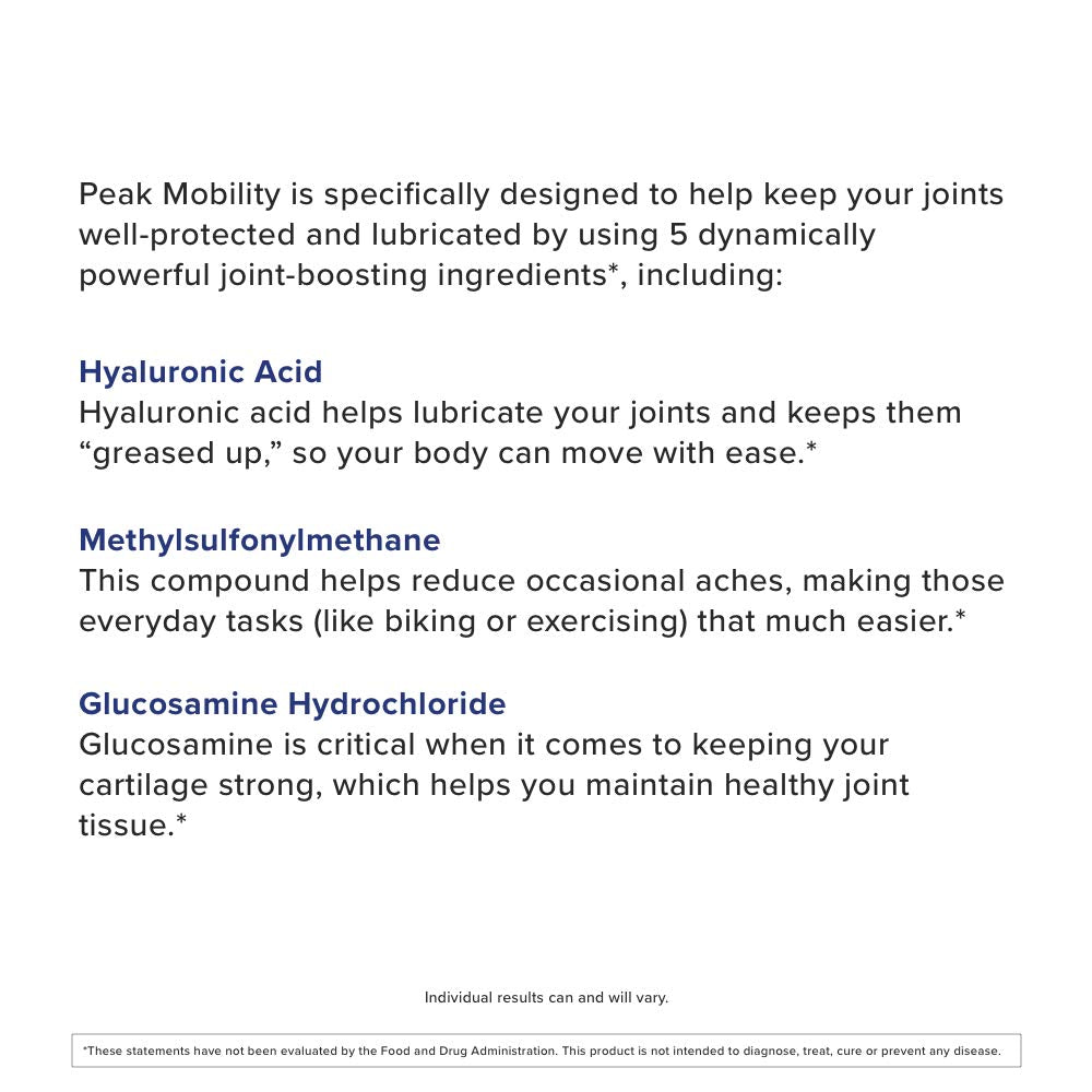 Label detail of Gundry MD Peak Mobility Plus with key ingredients like MSM and glucosamine.