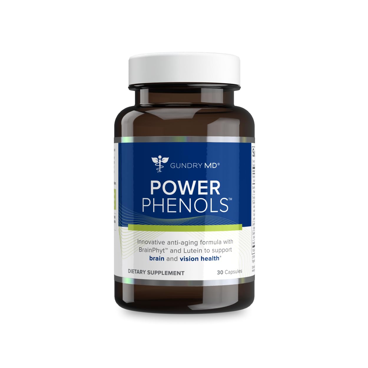 Gundry MD Power Phenols bottle highlighting brain health support and daily energy.