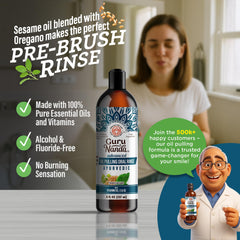 GuruNanda oil pulling with tongue scrapers inside for pre-brush routine