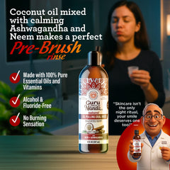 GuruNanda Ashwagandha Oil Pulling Mouthwash bottle showcases soothing mouthfeel.