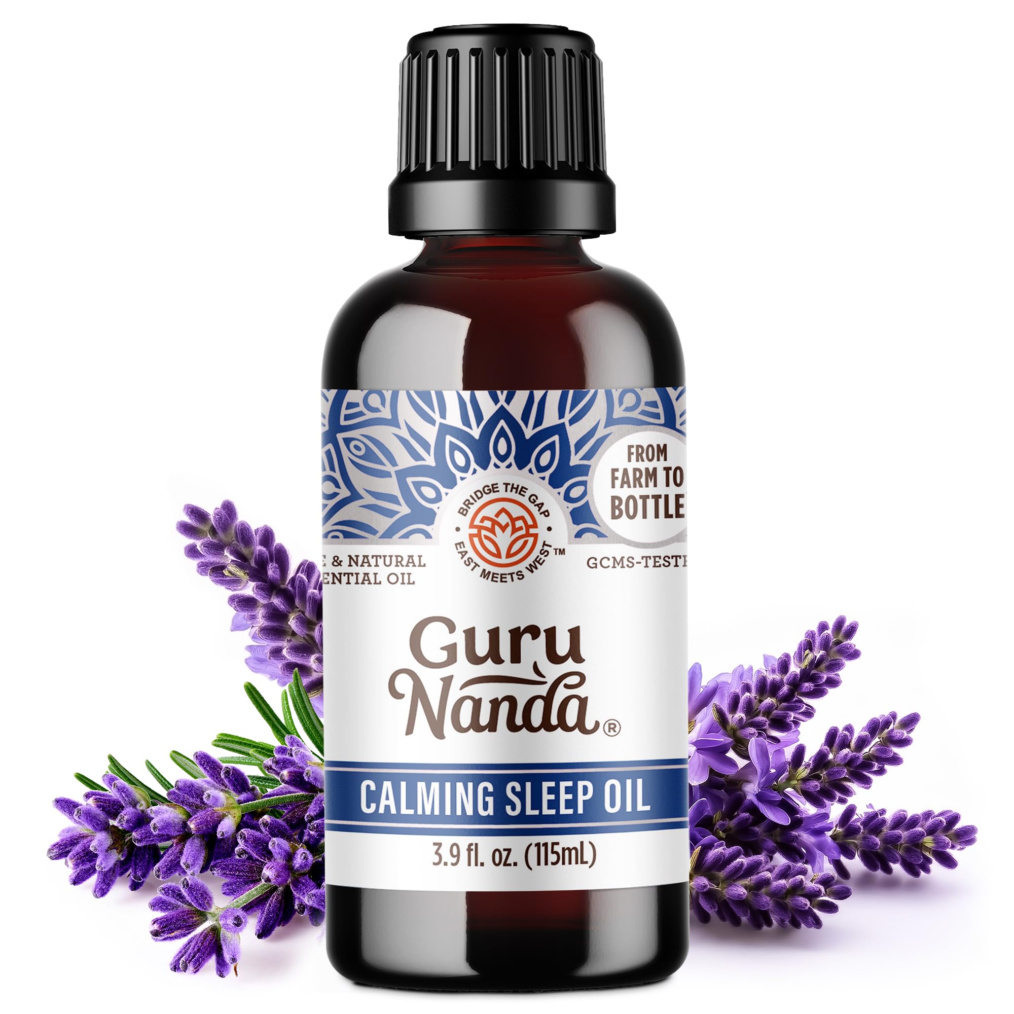 GuruNanda Calming Sleep oil bottle in amber glass preserves purity for nighttime diffusion.