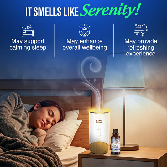 GuruNanda Calming Sleep diffuser setup ready for tranquil bedtime atmosphere.