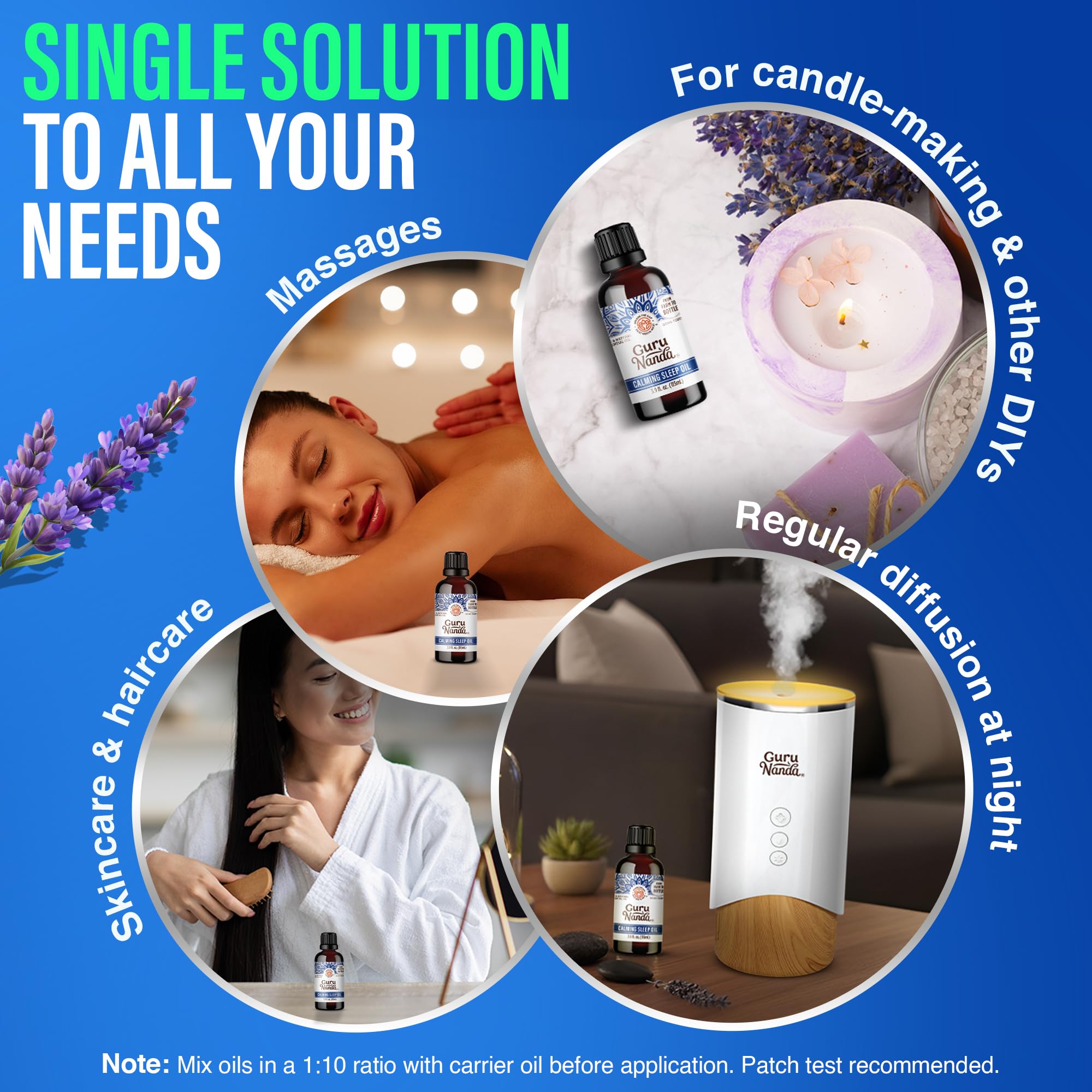 GuruNanda Calming Sleep oil dilution with carrier oil at 1:10 ratio.
