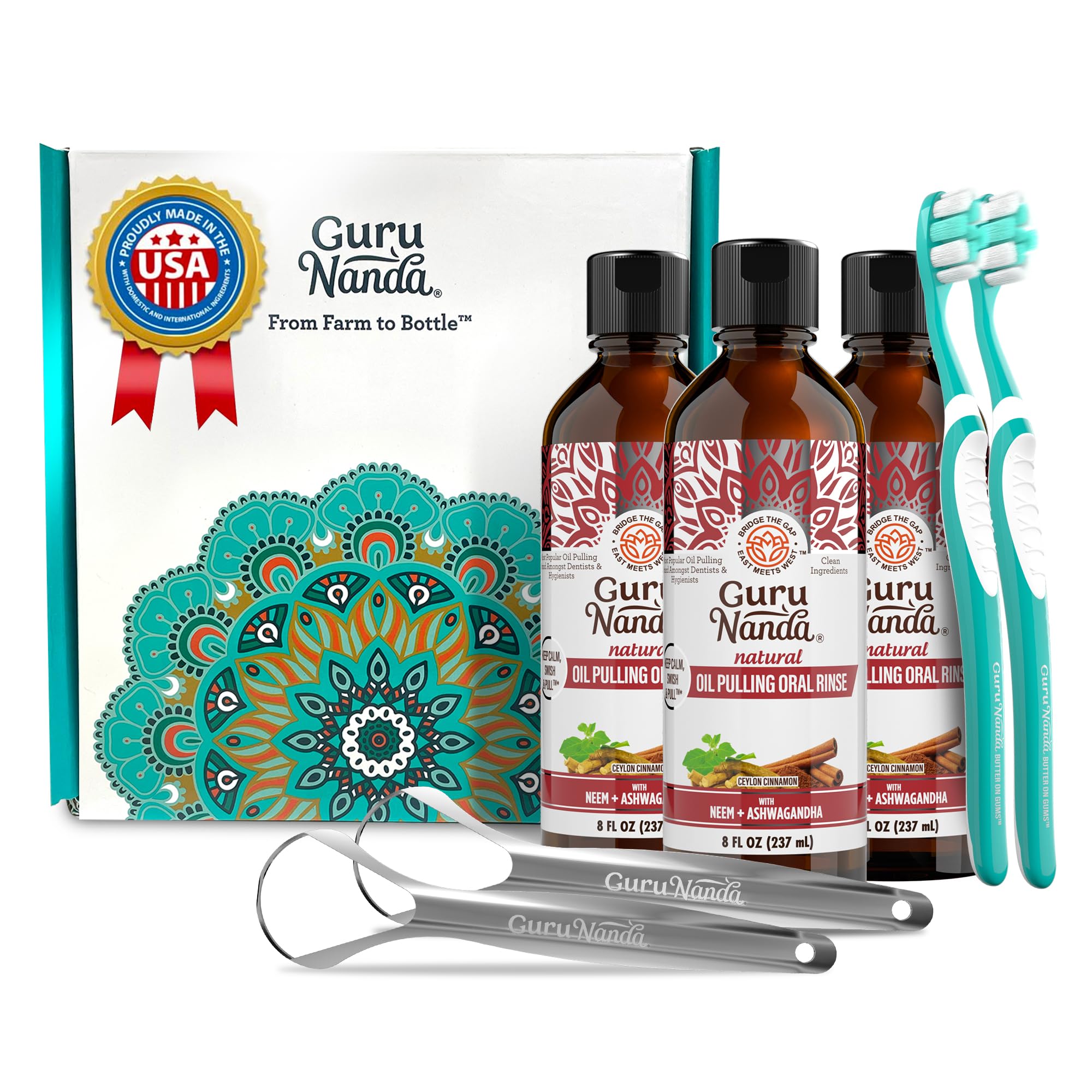 GuruNanda Cinnamon Oil Pulling bottle highlights fresh breath and calm gums.