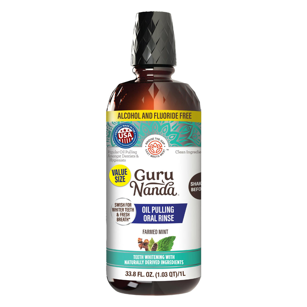 GuruNanda CocoMint bottle front view, 1L refill-friendly packaging for daily oil pulling.