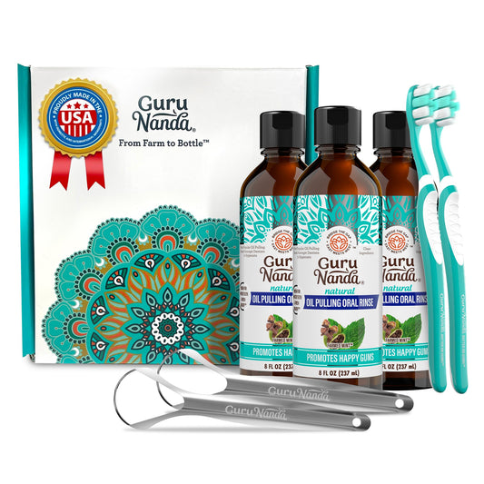 GuruNanda CocoMint Oil Pulling bottle front showcases a natural oral care solution for fresh breath.