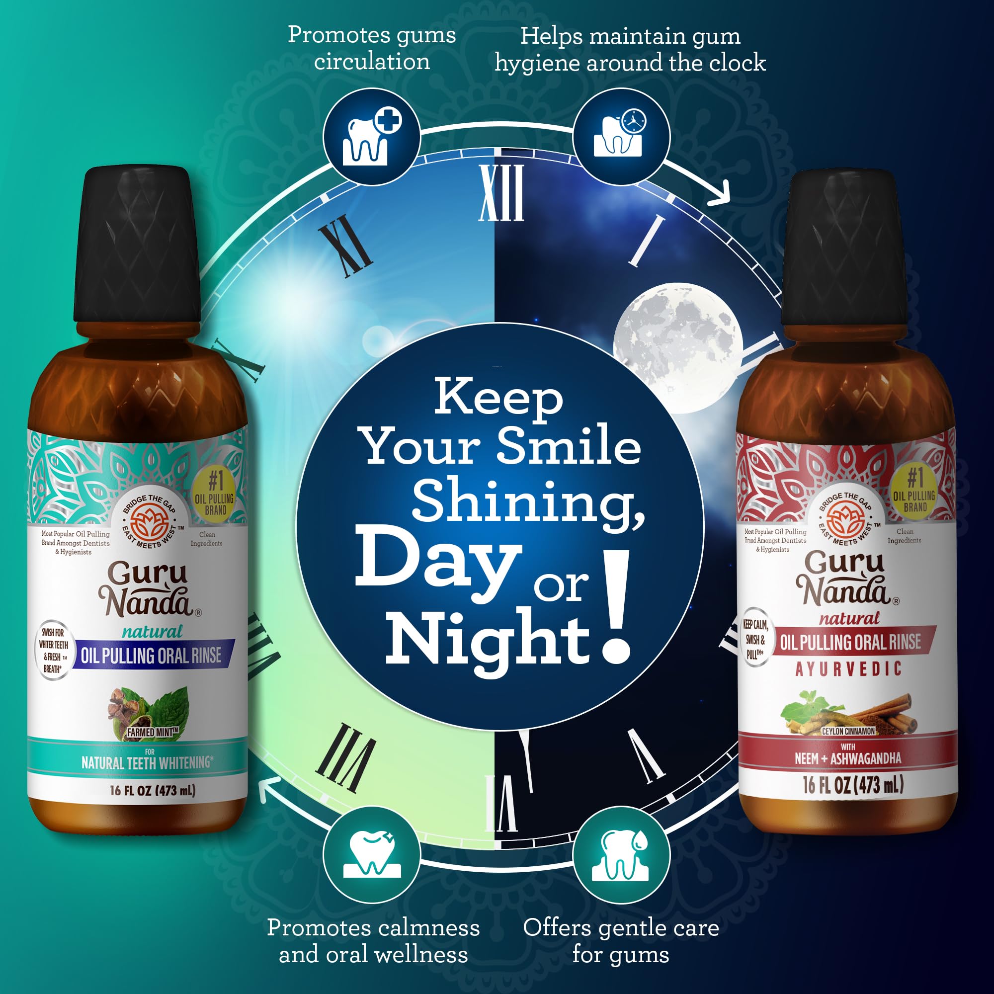 GuruNanda cocomint oil pulling bottle with peppermint and clove for long-lasting freshness