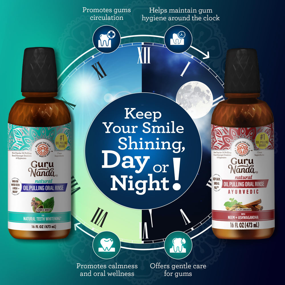 GuruNanda cocomint oil pulling bottle with peppermint and clove for long-lasting freshness
