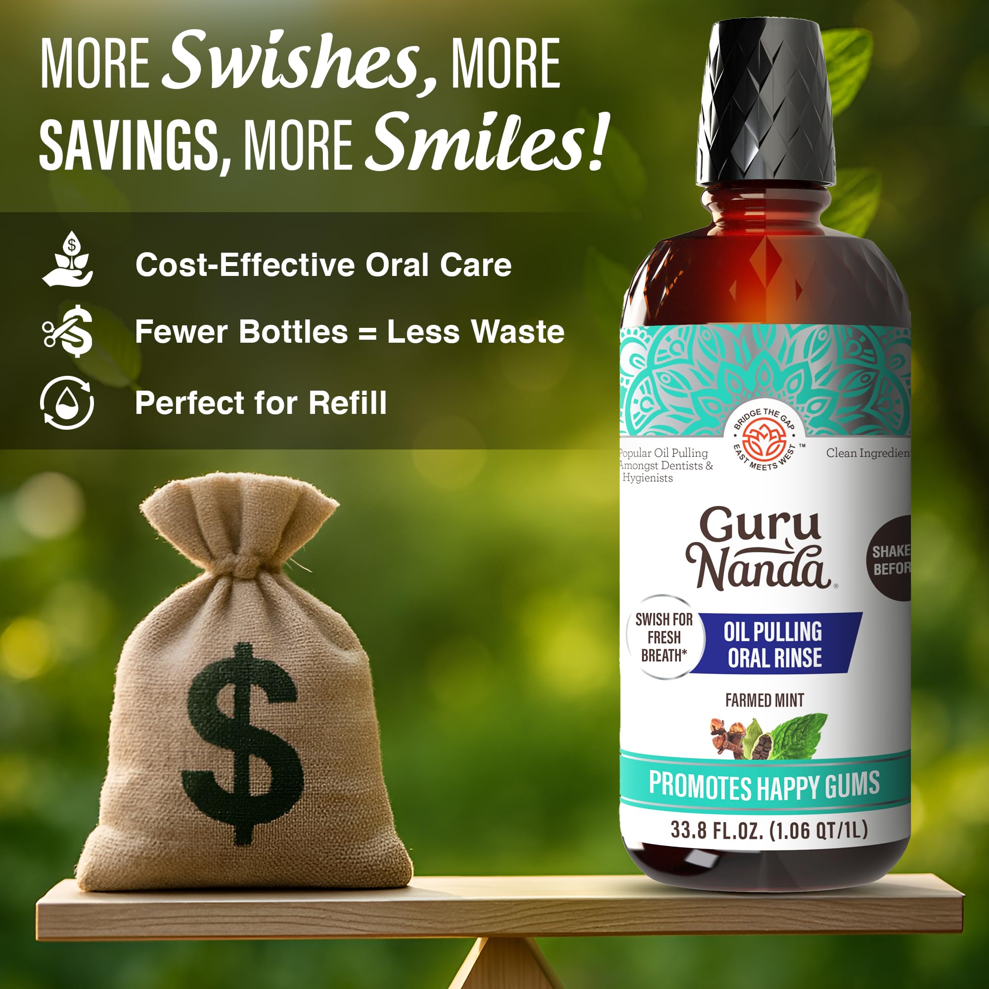 GuruNanda CocoMint swishing action, designed for fresh breath and gum hygiene.