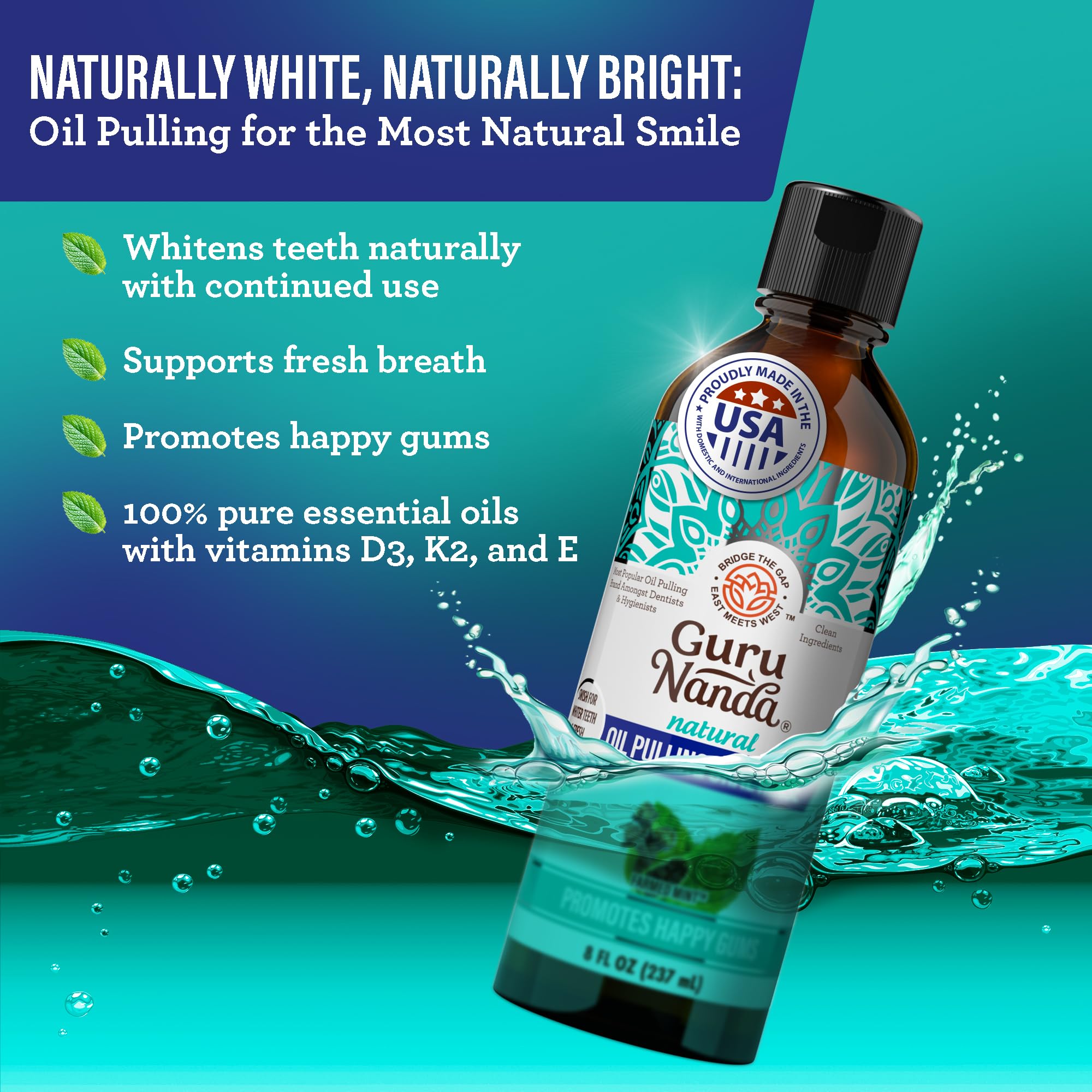 GuruNanda dual-barrel mouthwash with oxyburst promotes a clean mouth.