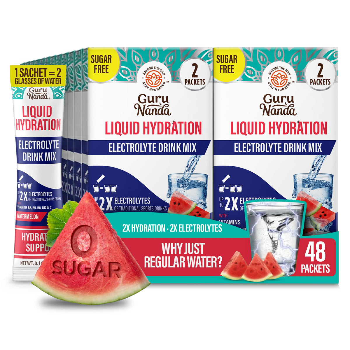 GuruNanda Liquid Hydration watermelon sachets for on-the-go replenishment.