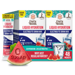 GuruNanda Liquid Hydration watermelon sachets for on-the-go replenishment.
