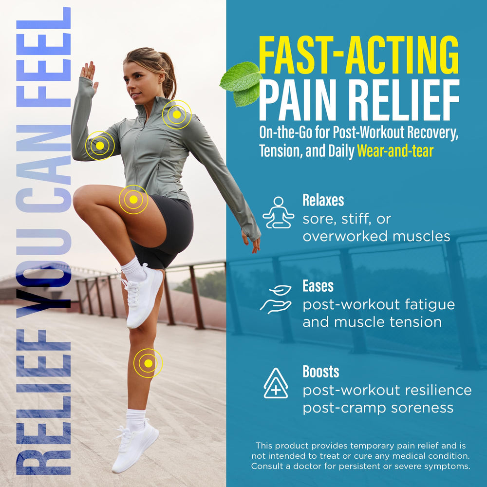 Menthol spray eases muscle tension after workouts for back and joints.