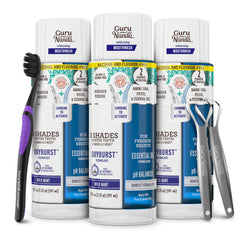GuruNanda Teeth Whitening Dual Barrel Mouthwash bottle with dual chambers for a brighter smile.