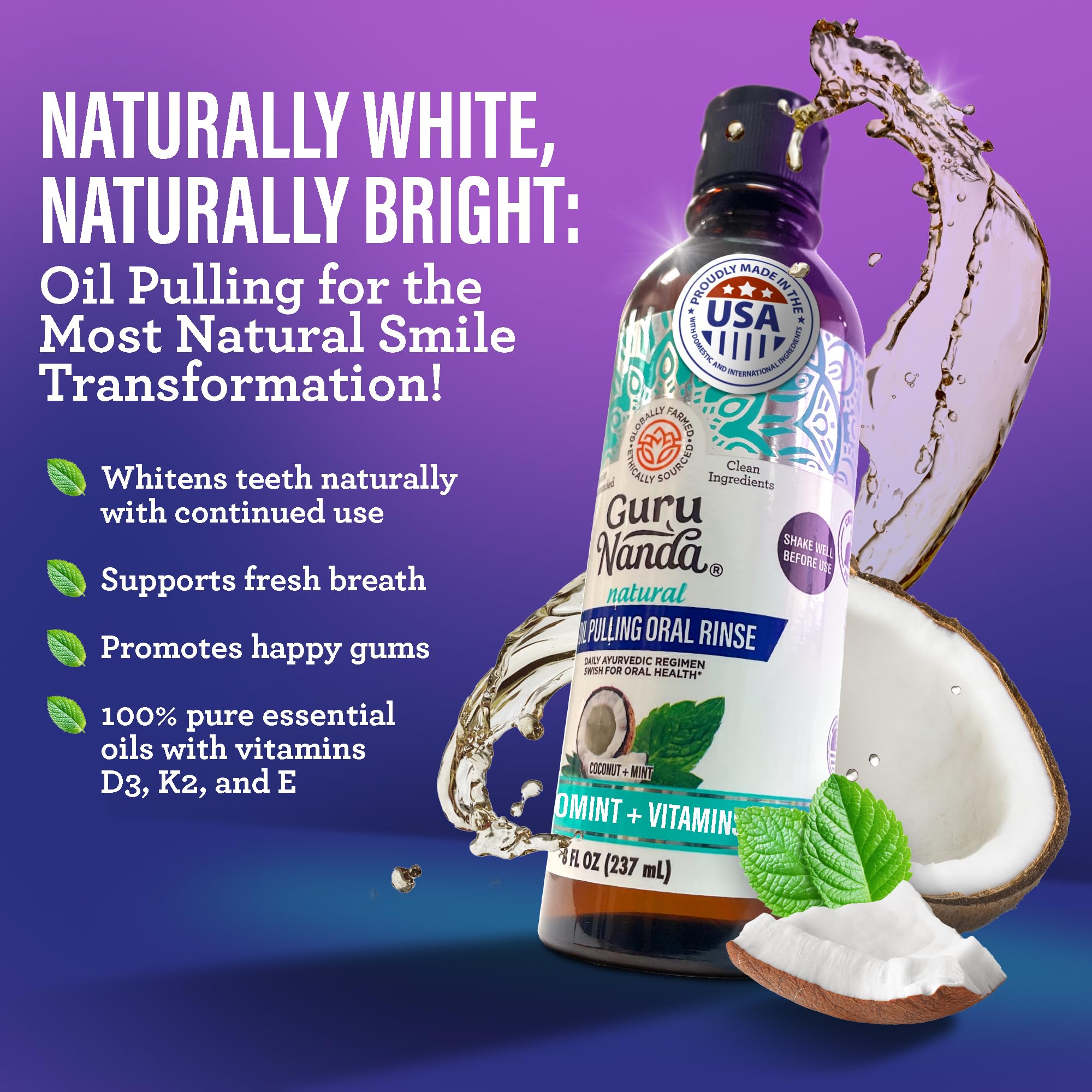 GuruNanda cocomint oil pulling bottle for a refreshing routine