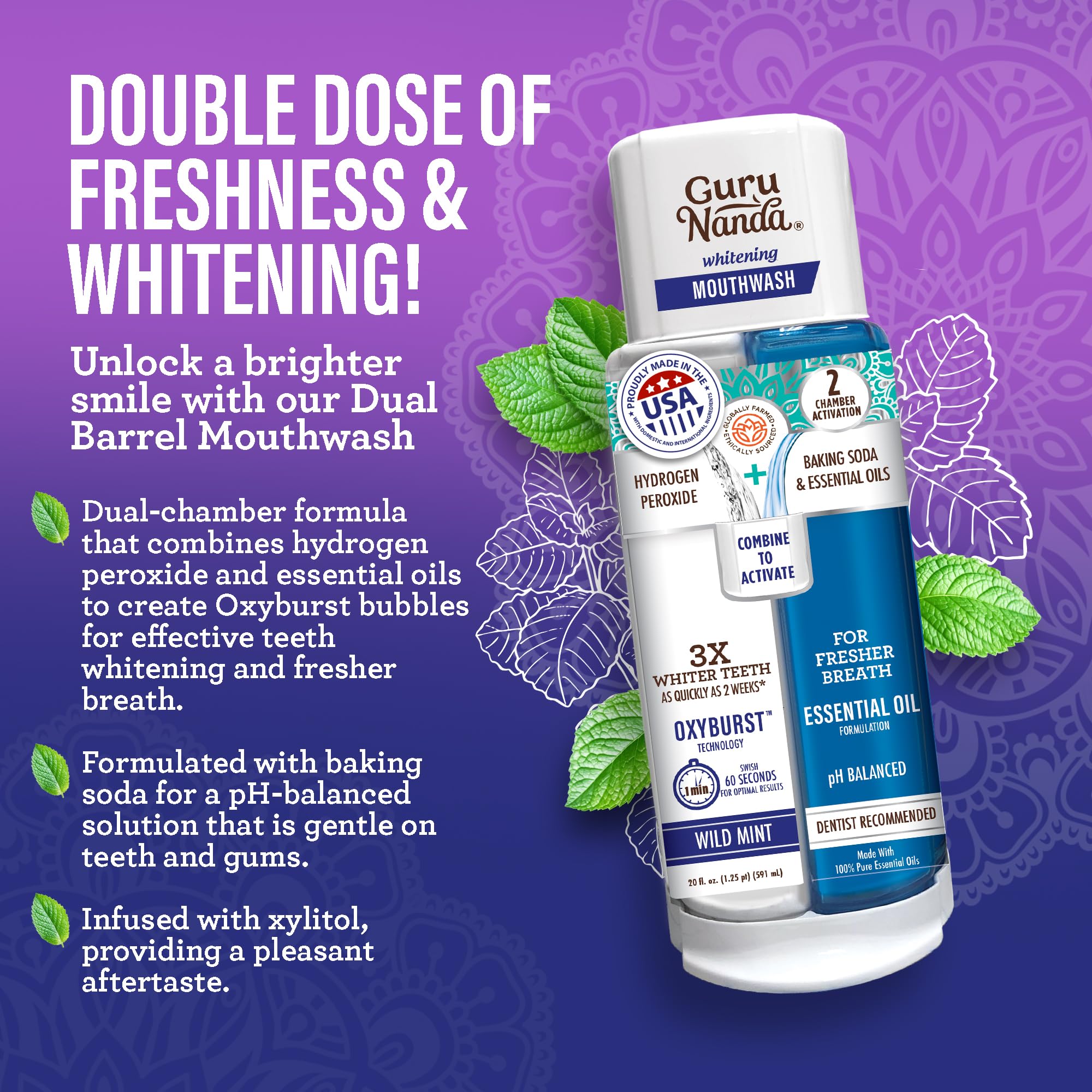 GuruNanda dual-barrel whitening mouthwash for a bright, clean feel
