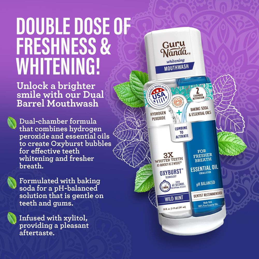 GuruNanda dual-barrel whitening mouthwash for a bright, clean feel