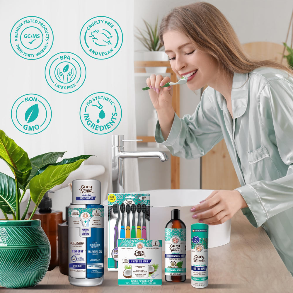 GuruNanda kit display shows all whitening and mouth care components