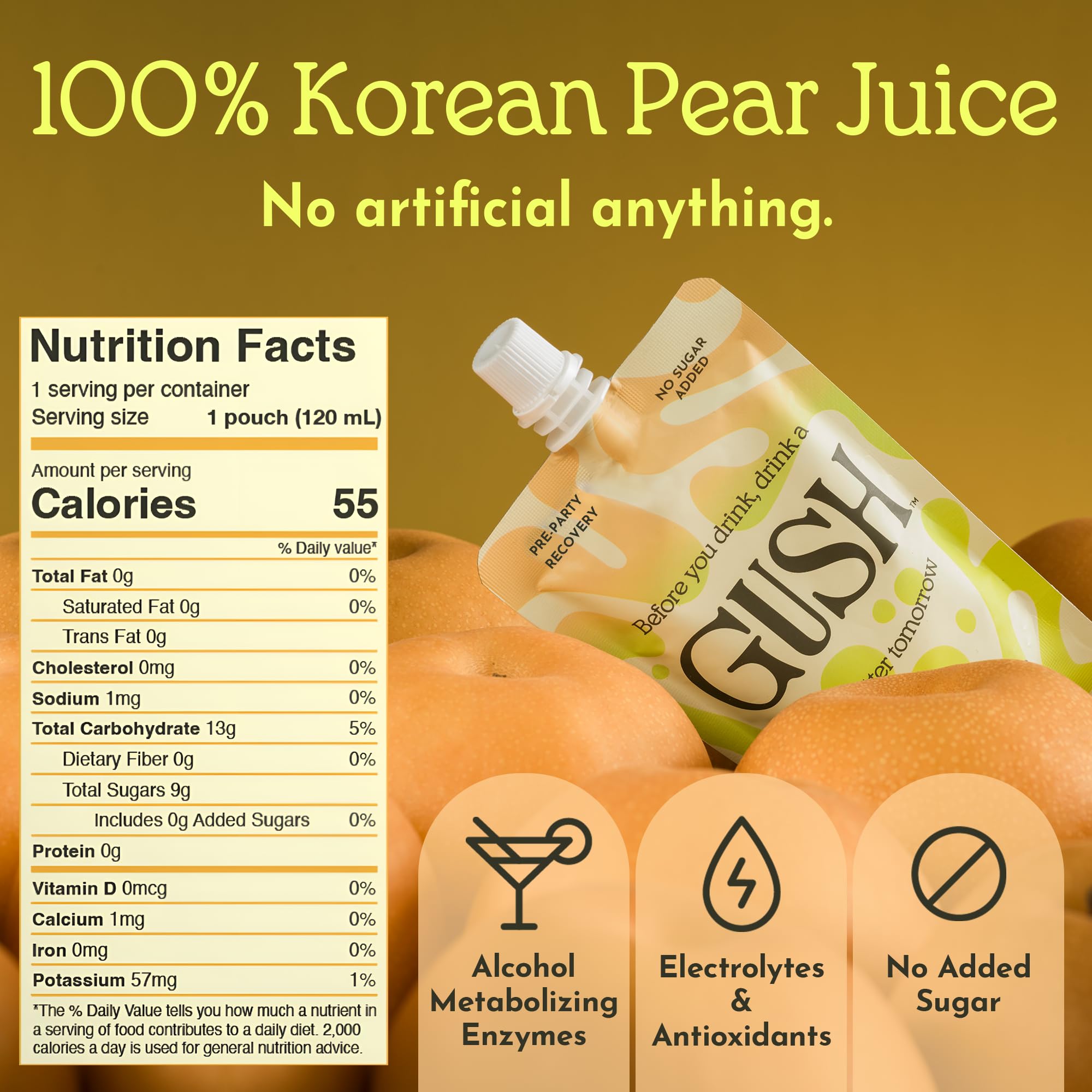 Gush pear-taste pre-drink pouch highlights naturally sweet flavor for social settings.