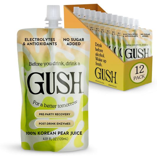 Gush pear hydration pouch showing clean-label electrolytes for pre-drinking wellness.