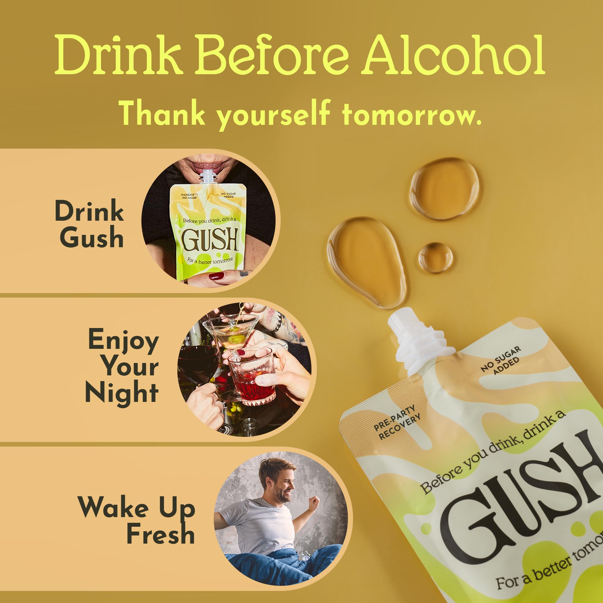 Gush social-setting pouch ready for clubs and parties, promoting on-the-go refreshment.