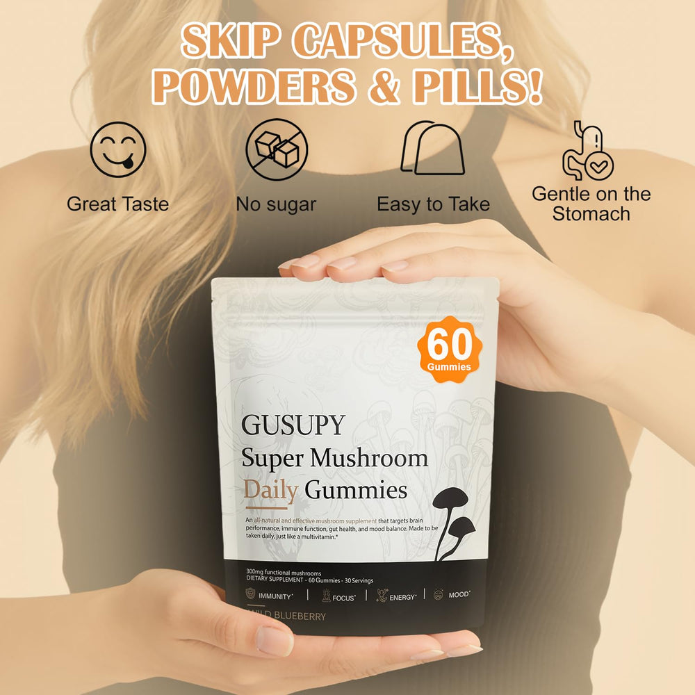 GUSUPY 12-mushroom blend ingredients highlight adaptogenic varieties for daily focus.