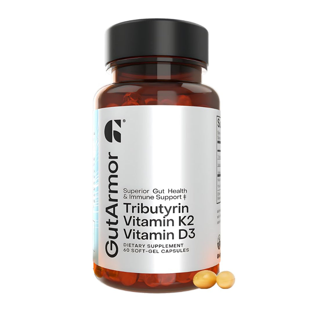 Gut Armor bottle label highlighting pure butyrate and vitamins for digestive and immune support.