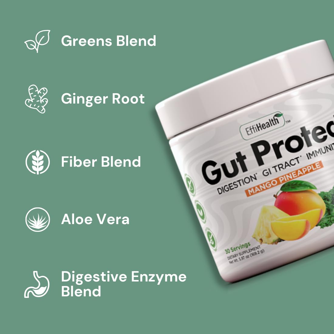 Gut Protect label on container highlighting vegan and gluten-free benefits.