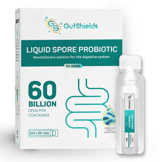 Gut Shields liquid spore probiotic bottle shows high-potency digestion support.