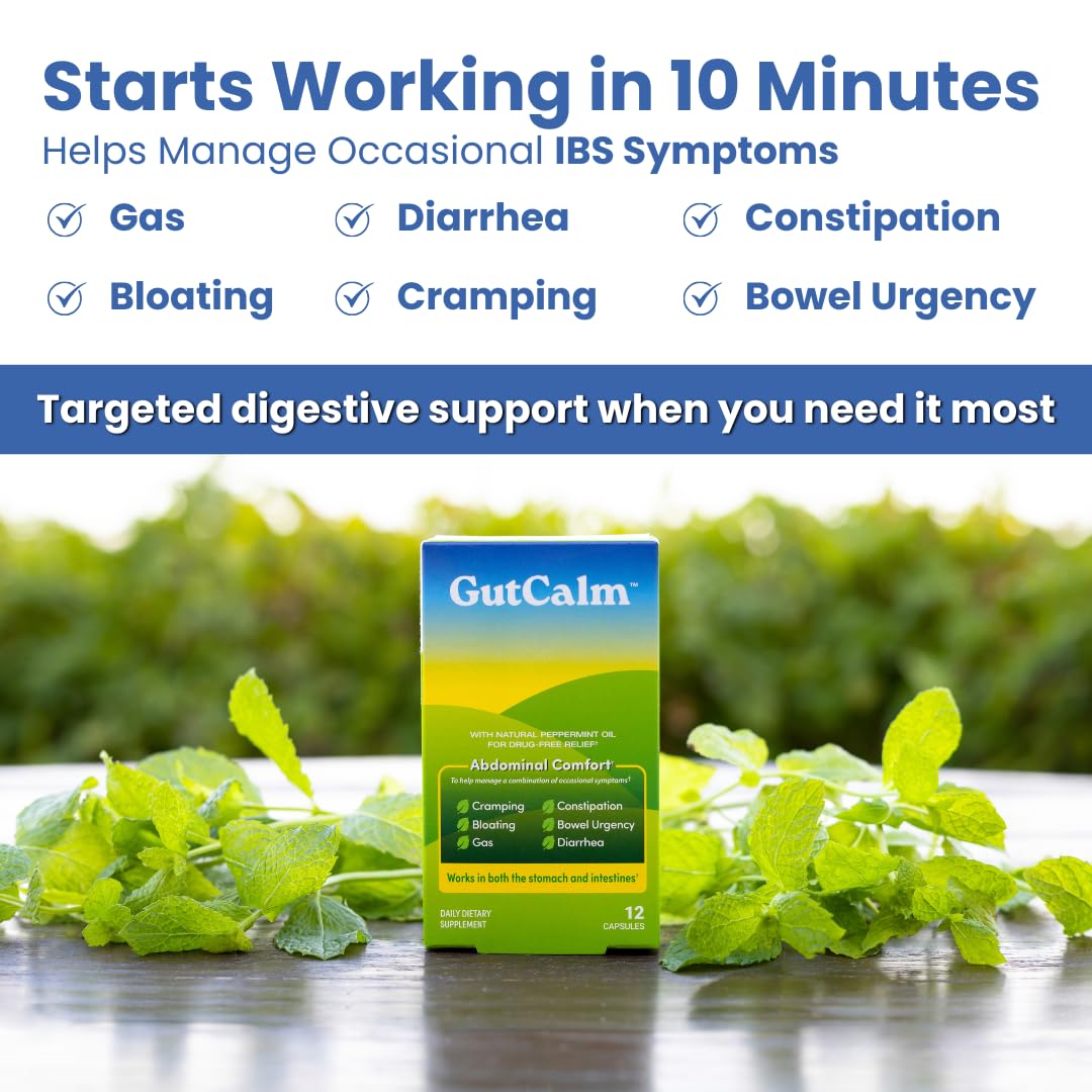 GutCalm capsules close-up highlights natural peppermint oil in a convenient capsule.