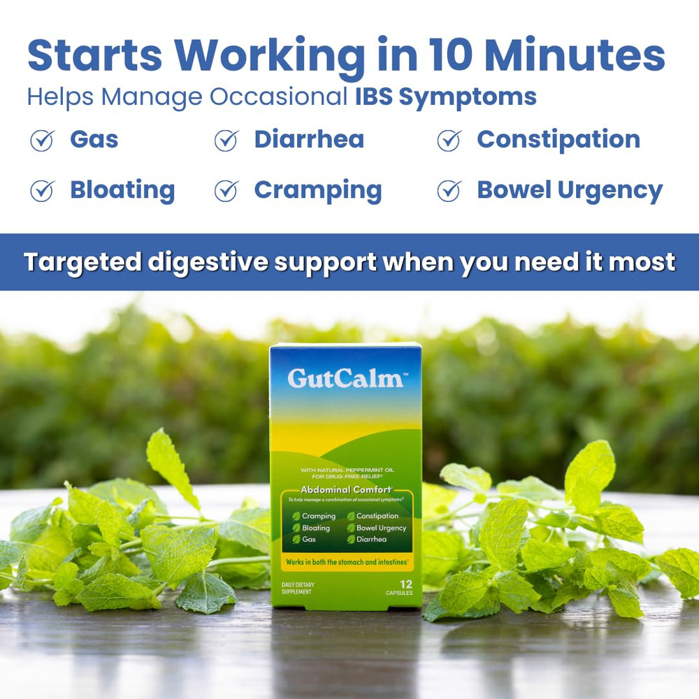 GutCalm capsules close-up highlights natural peppermint oil in a convenient capsule.