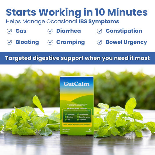 Close-up of GutCalm capsules showing natural peppermint oil