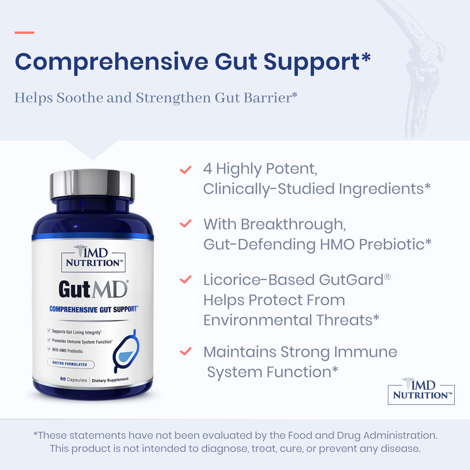 GutMD capsules on white background signaling daily digestive support.