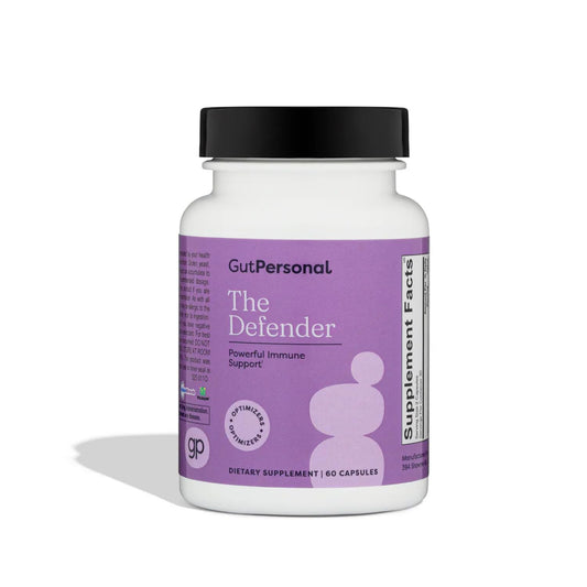 GutPersonal Defender bottle front view shows daily immune support in a convenient capsule.