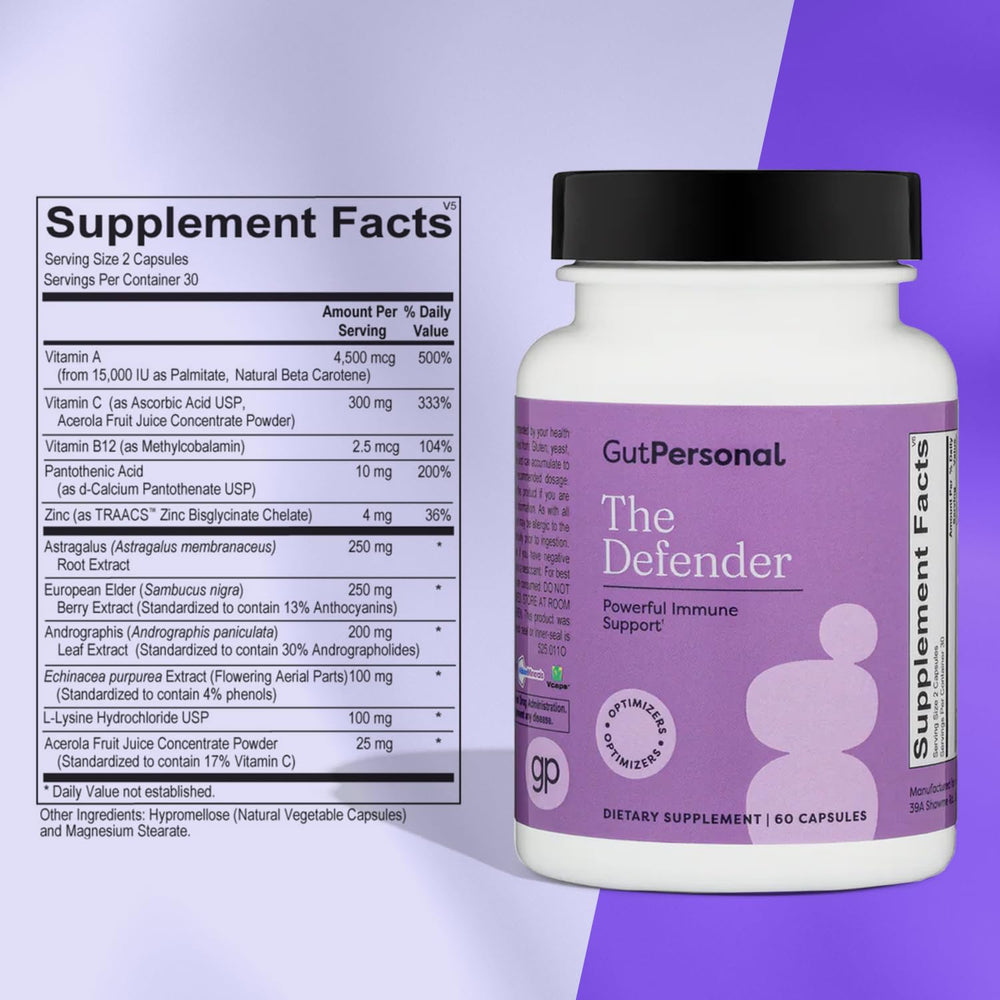 GutPersonal Defender bottle label detail highlights vitamins and minerals for everyday wellness.