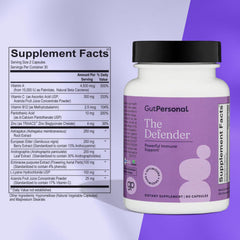 GutPersonal Defender bottle label detail highlights vitamins and minerals for everyday wellness.