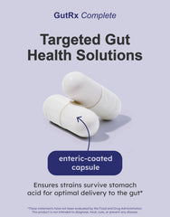 GutRx Complete enteric-coated capsules ready for daily use.