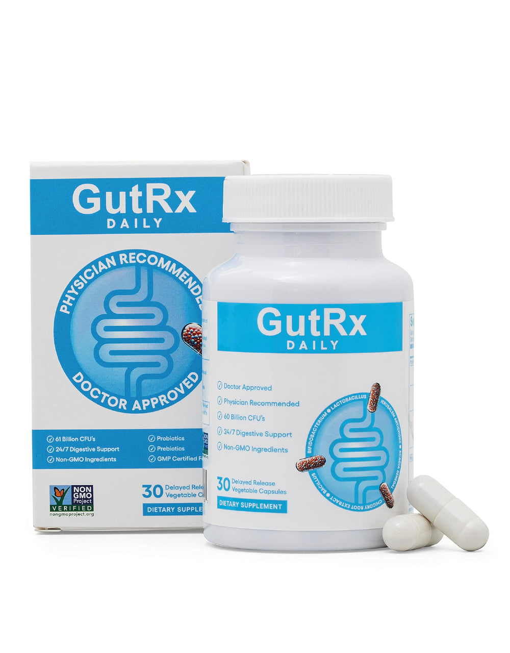GutRx Daily Probiotics bottle with capsules supporting digestive balance.