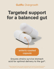 GutRx Overgrowth gluten-free badge illustration signals safe, celiac-friendly supplement.