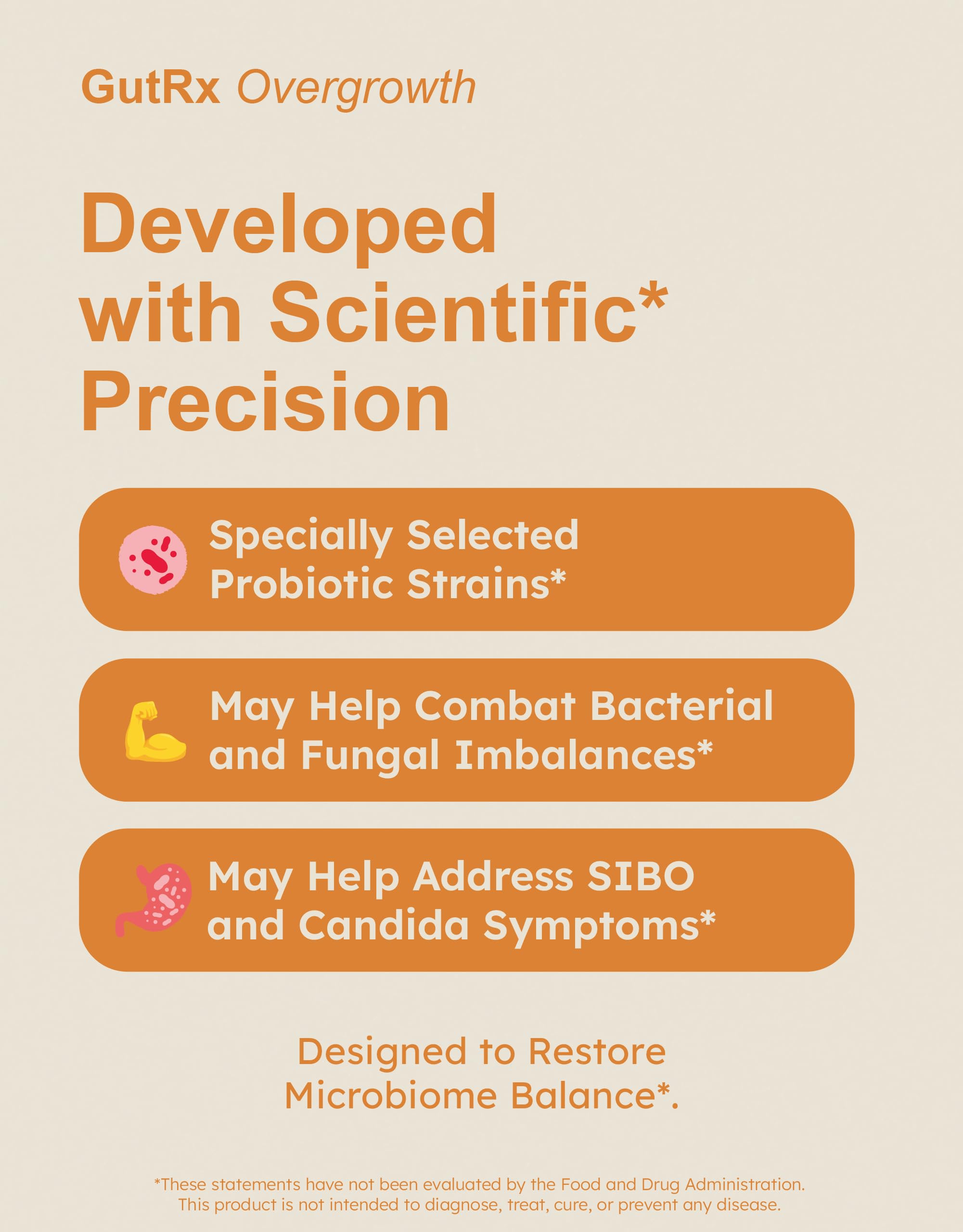 GutRx Overgrowth ingredient blend image emphasizes targeted strains for gut harmony.
