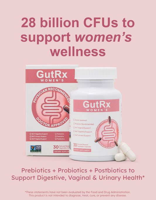 GutRx Women's cranberry and D-mannose formulation close-up for urinary tract wellness.