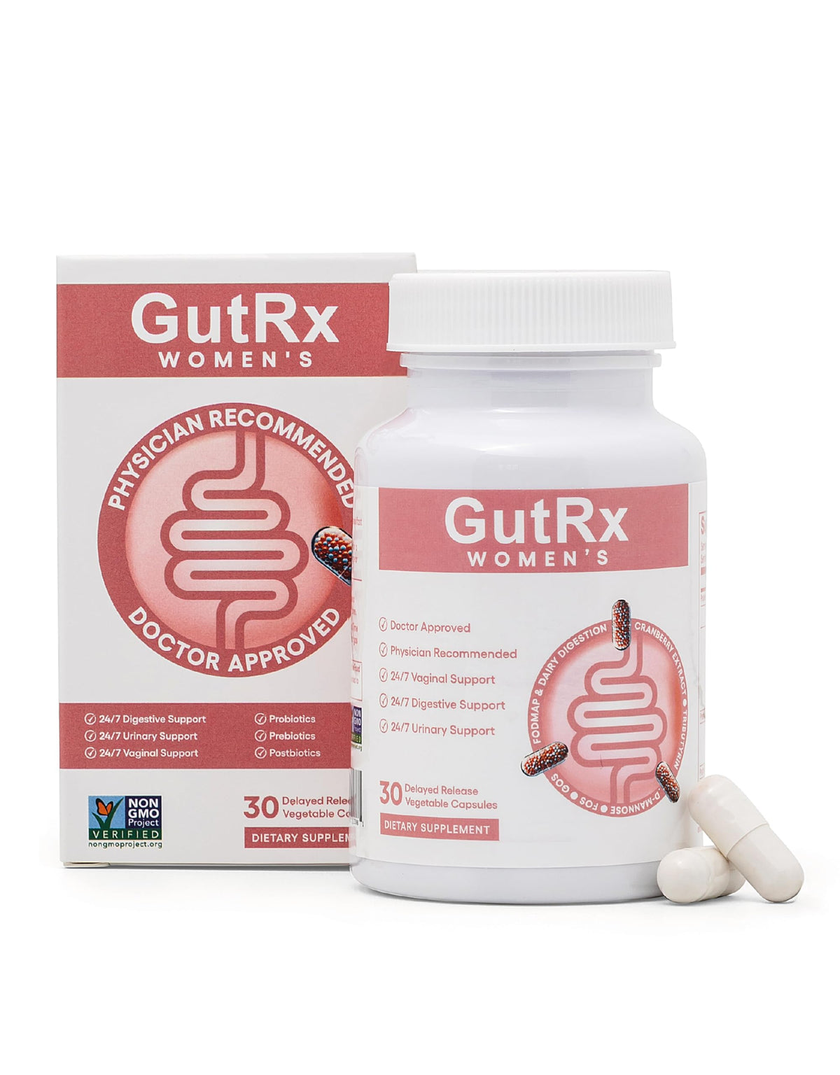 GutRx Women's probiotic bottle with capsules for digestive and feminine health support.