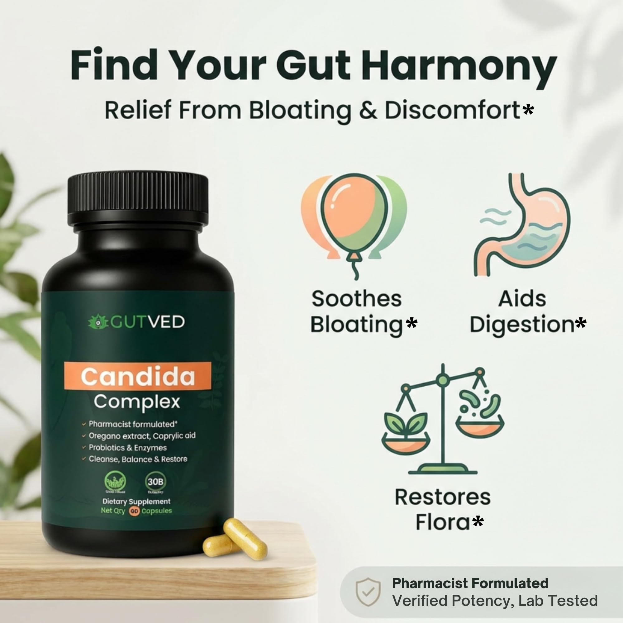 GUTVED oregano leaf extract label highlights herbal balance.