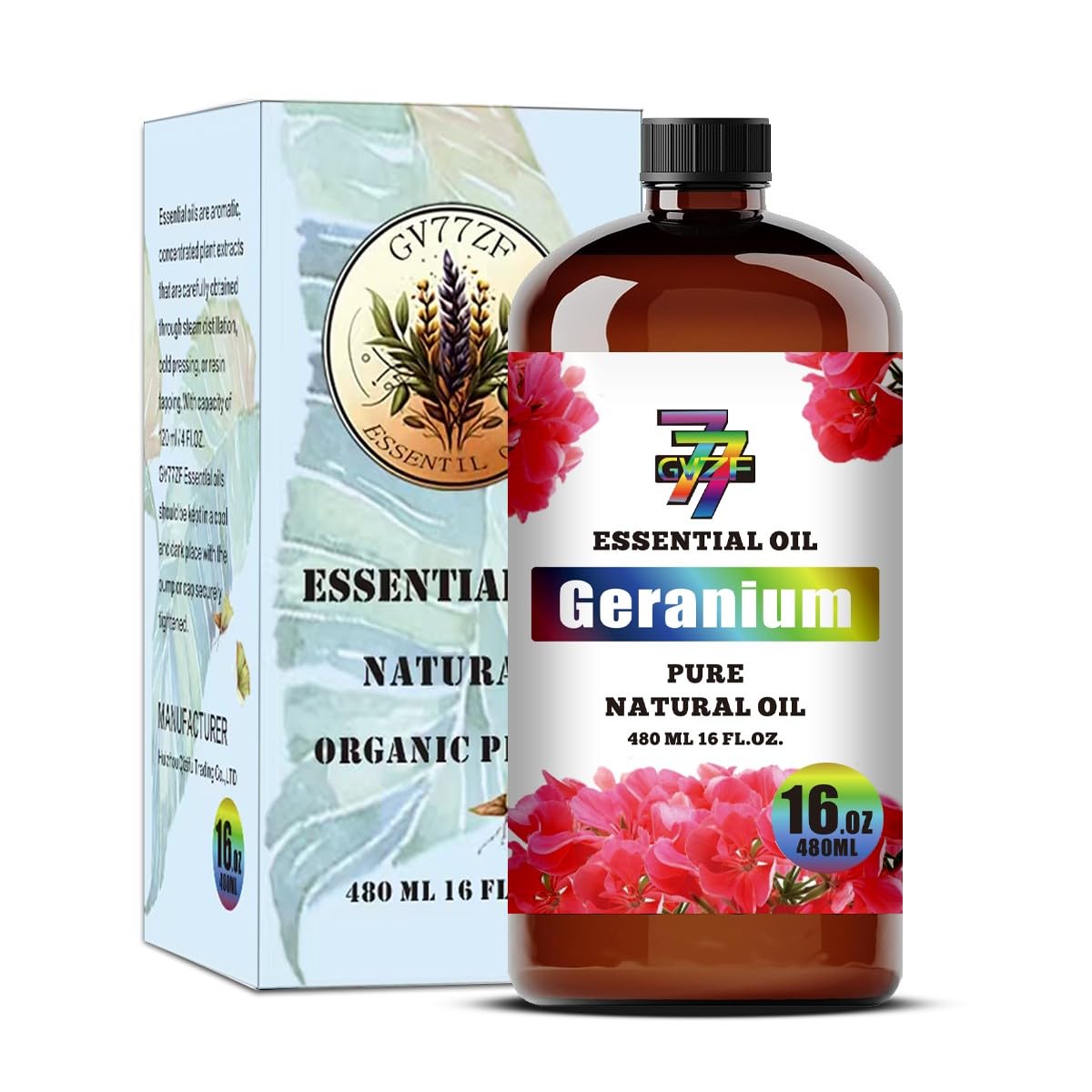 GV77ZF Geranium Essential Oil bottle in amber glass preserves aroma and quality.