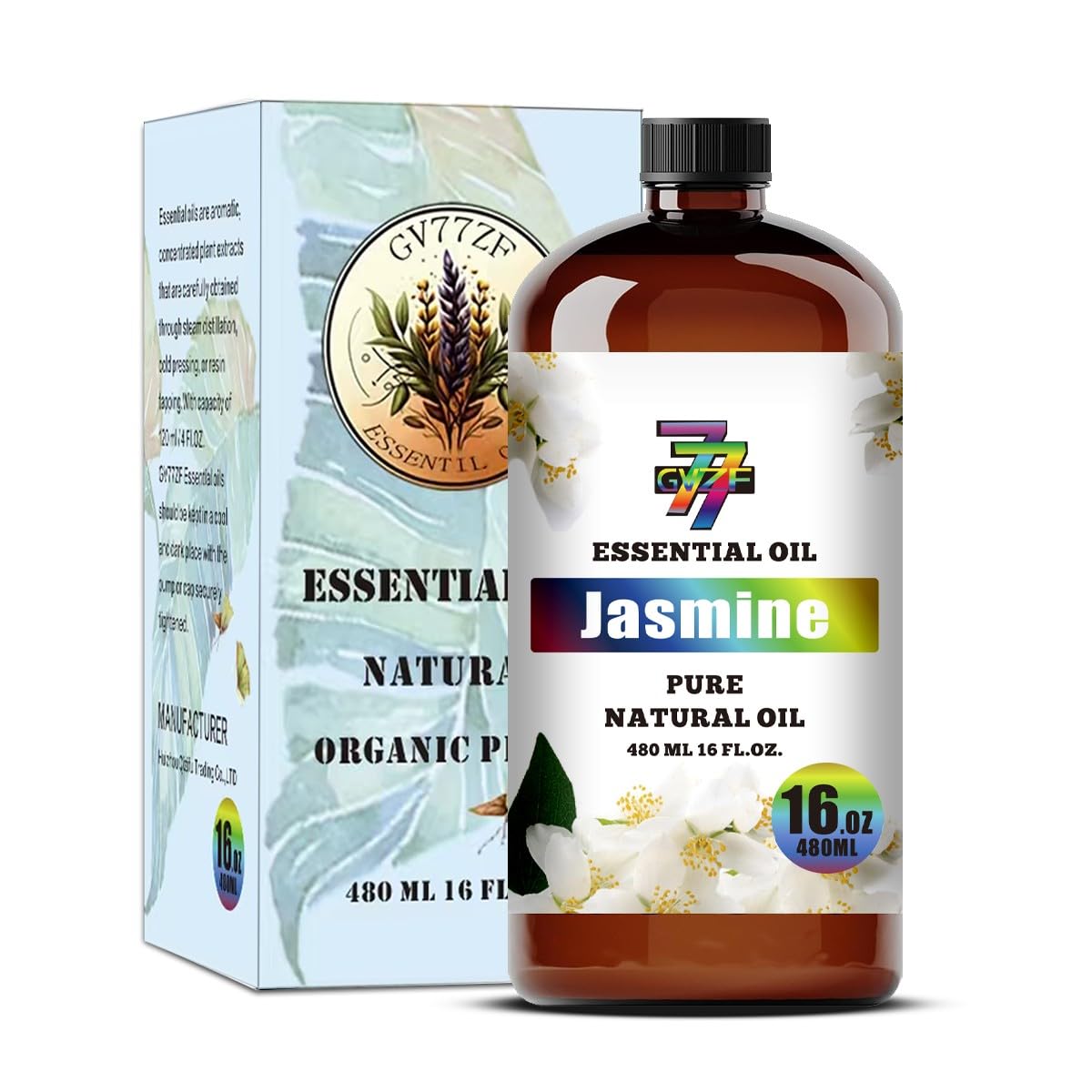 GV77ZF Jasmine Essential Oil bottle front view highlighting premium packaging and aroma potential.