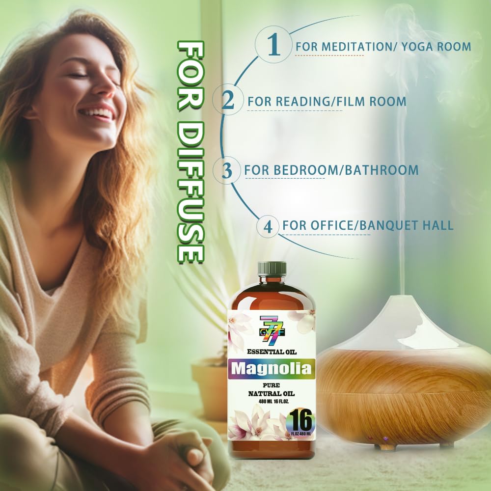 Magnolia essential oil in diffuser setup for calming aromatherapy sessions