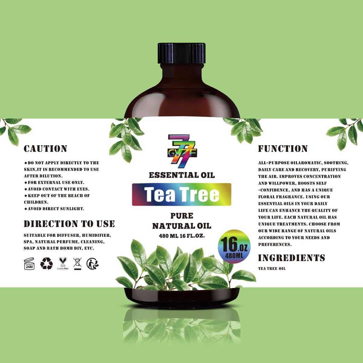 GV77ZF Tea Tree essential oil bottle for yoga and meditation spaces.