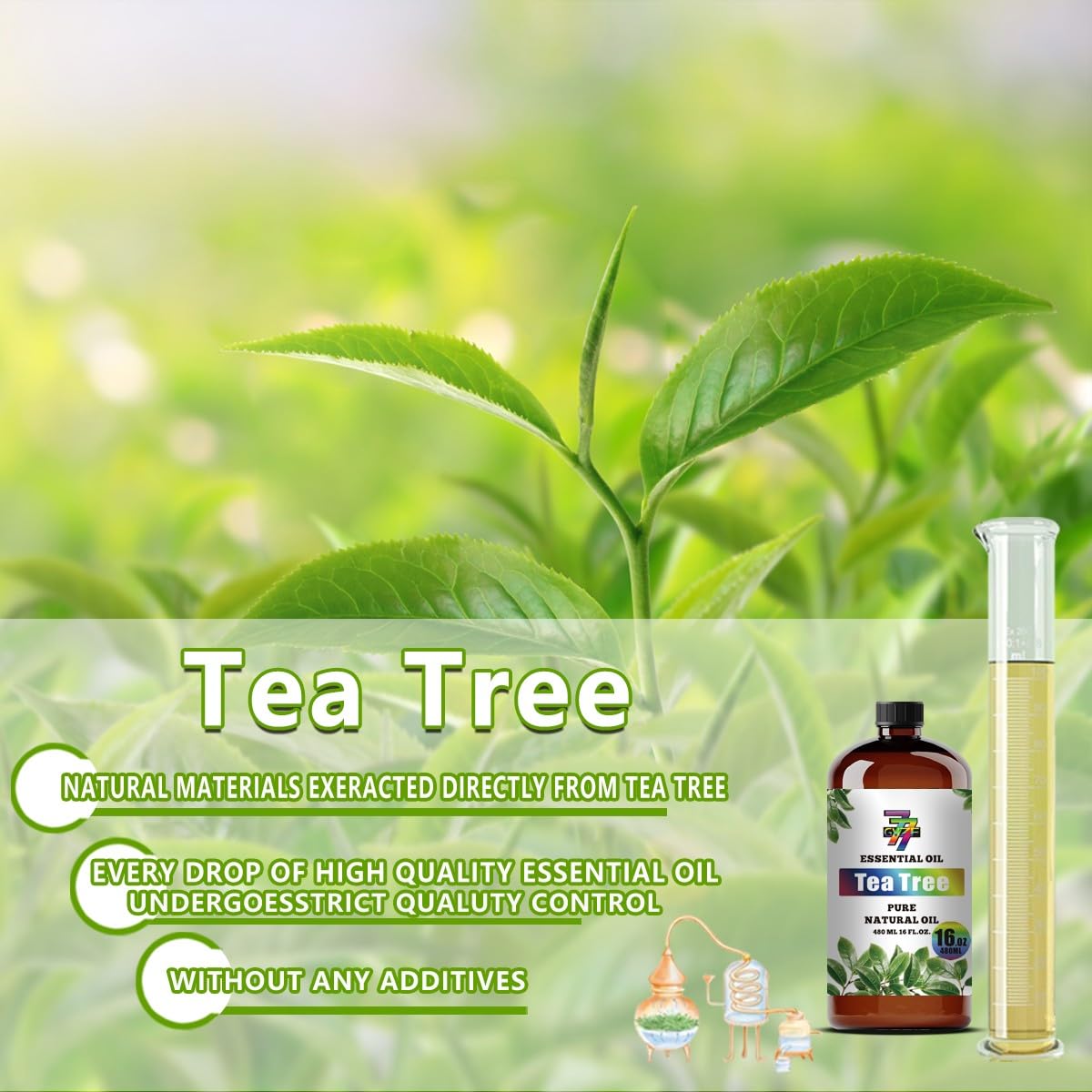 GV77ZF Tea Tree essential oil in diffuser with dilution guidance.
