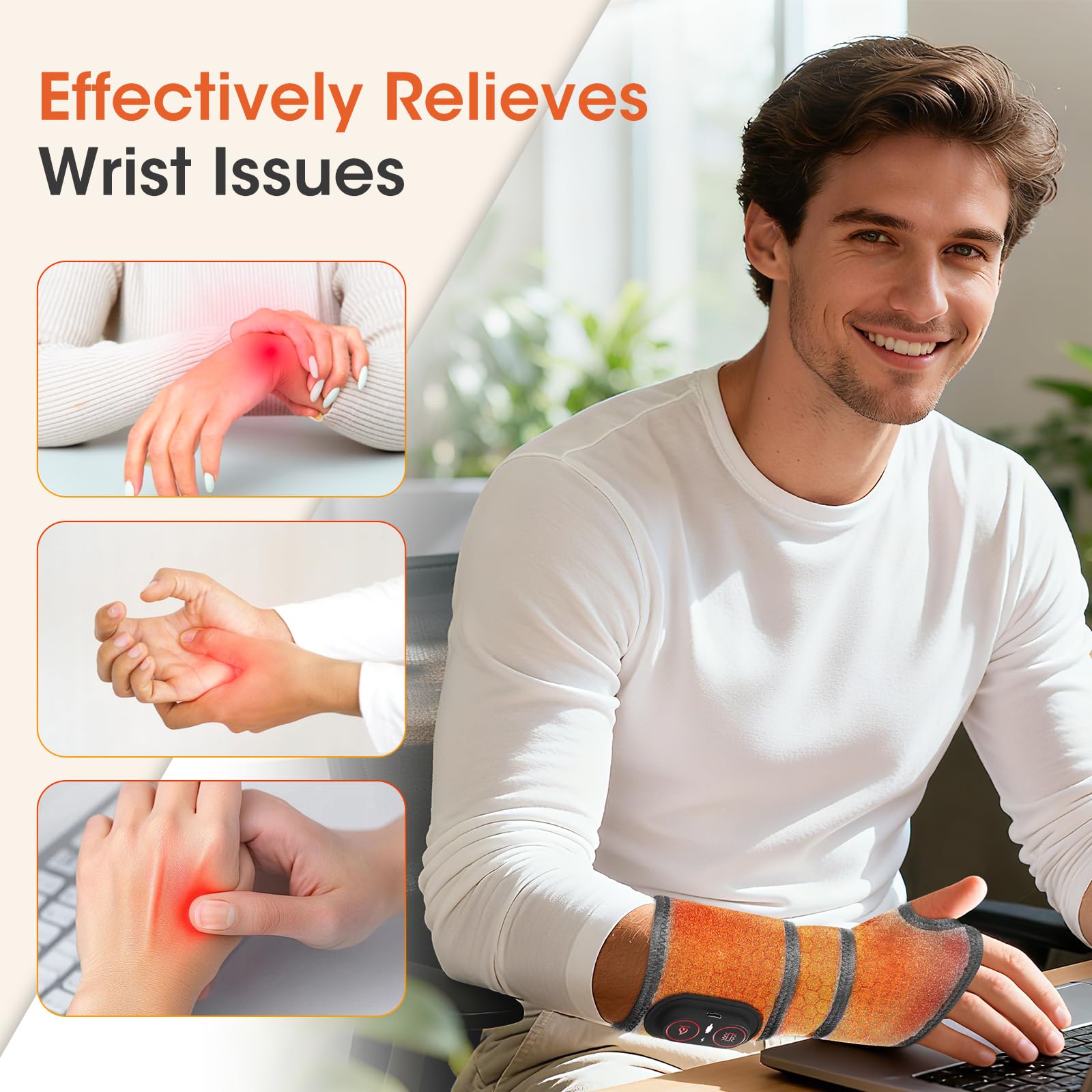 GVMSOR wrist wrap illustrating three heating and three massage modes for customizable comfort.